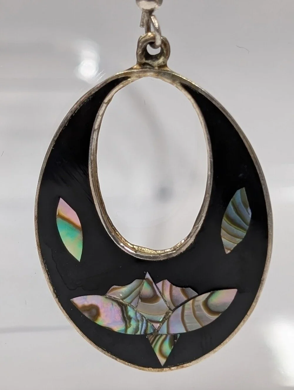 Vintage Alpaca Mexico Floral Drop Earrings Mother Of Pearl Abalone